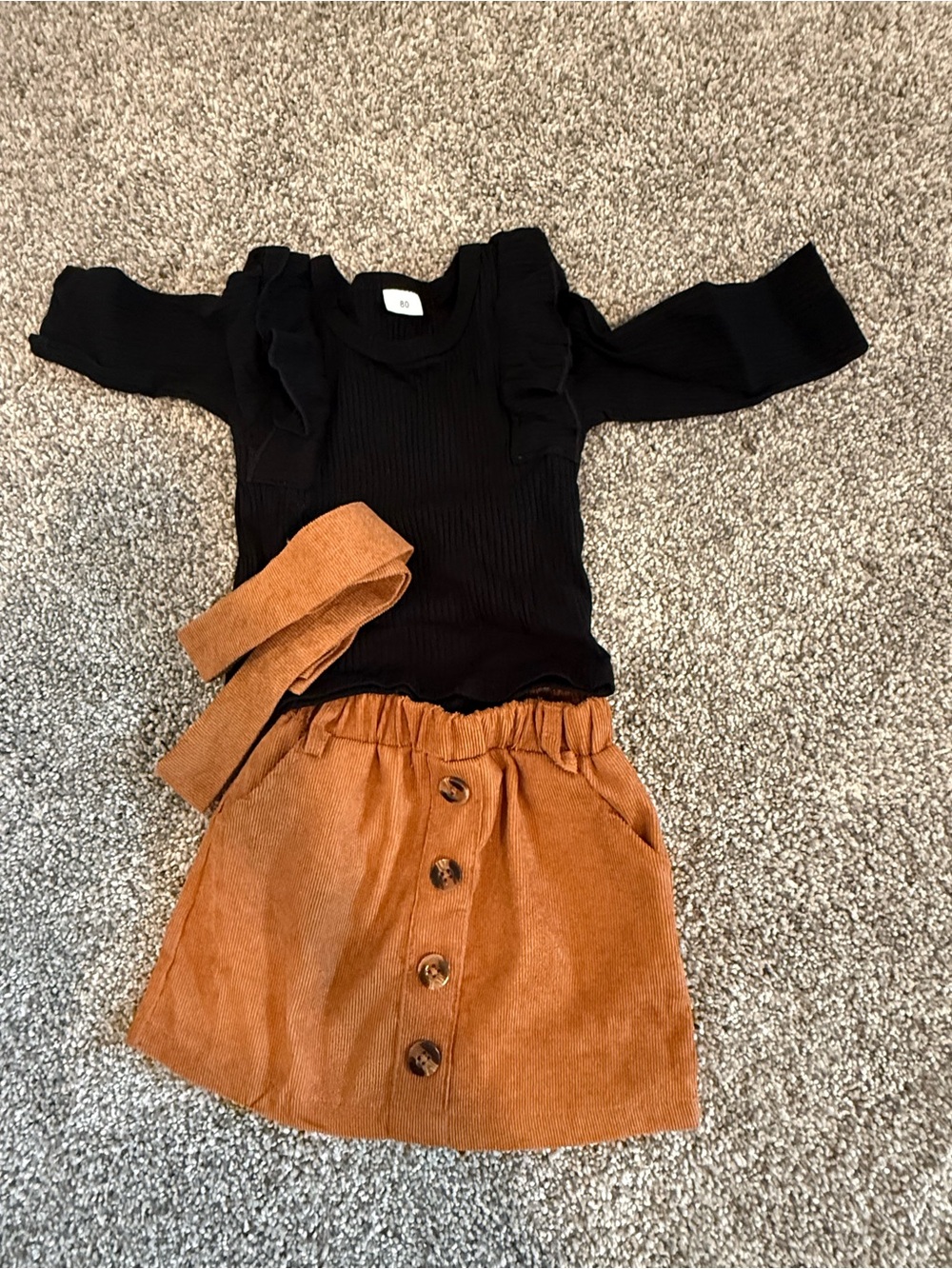 Black Ruffle-Sleeve Top with Rust Button-Front Corduroy Skirt for baby
